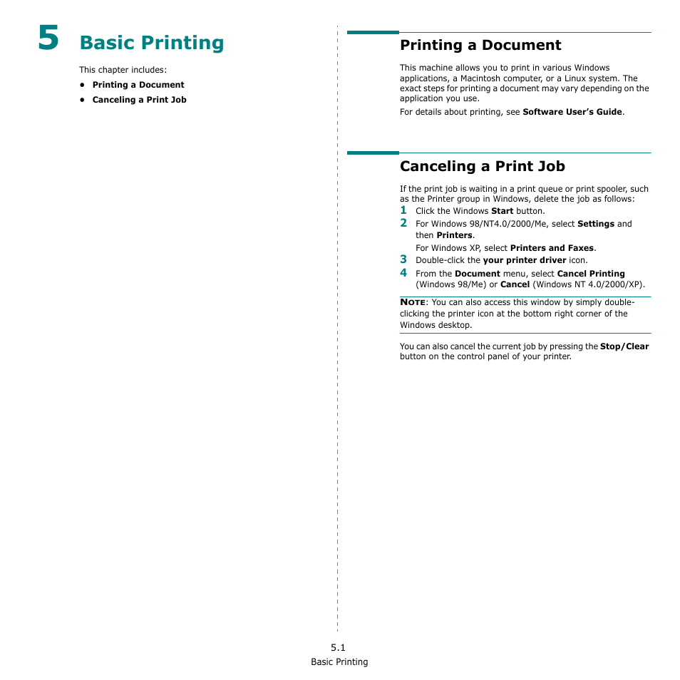 Basic printing, Printing a document, Canceling a print job | Samsung SCX-4521F-XAA User Manual | Page 39 / 125