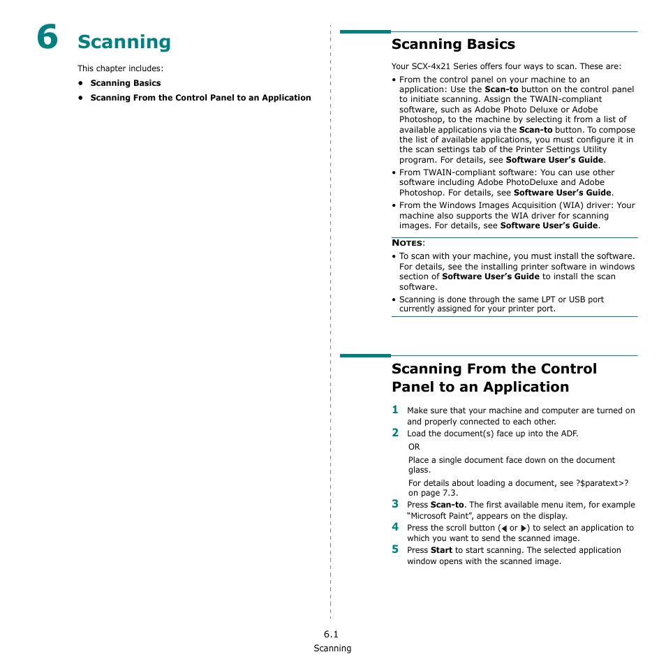 Scanning, Scanning basics, Scanning from the control panel to an application | Samsung SCX-4521F-XAA User Manual | Page 40 / 125