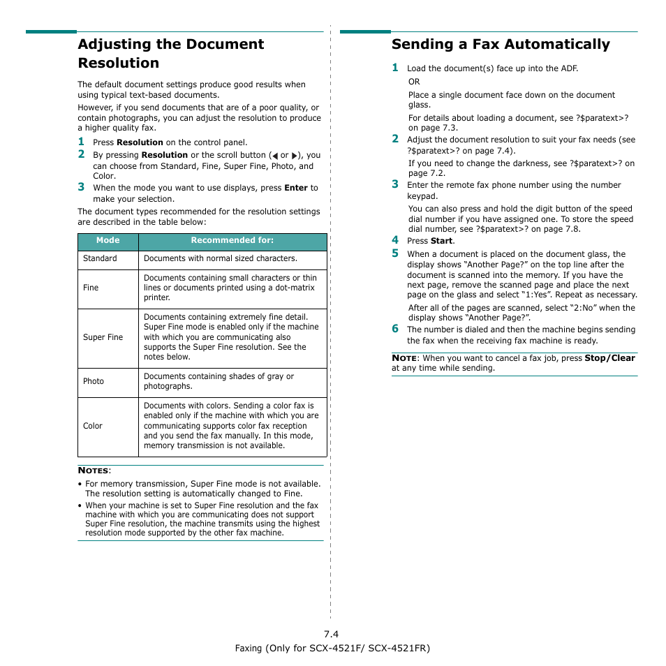 Adjusting the document resolution, Sending a fax automatically | Samsung SCX-4521F-XAA User Manual | Page 44 / 125