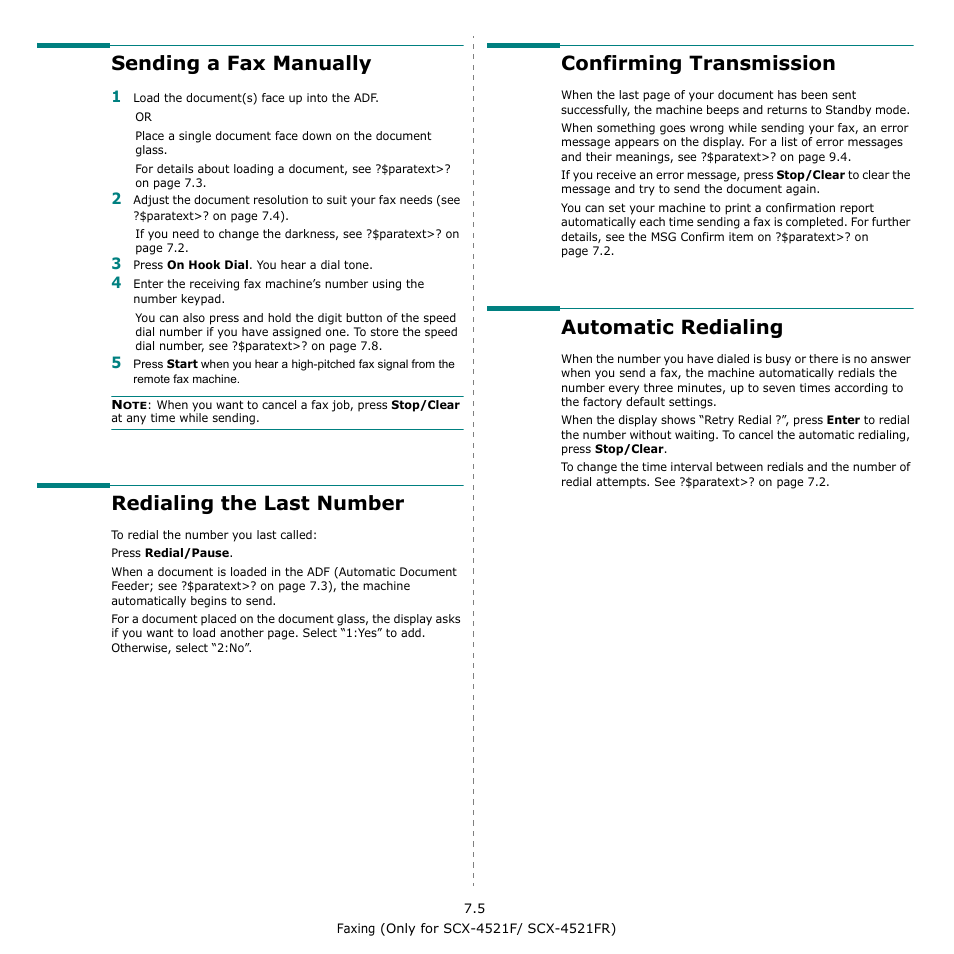 Sending a fax manually, Redialing the last number, Confirming transmission | Automatic redialing | Samsung SCX-4521F-XAA User Manual | Page 45 / 125