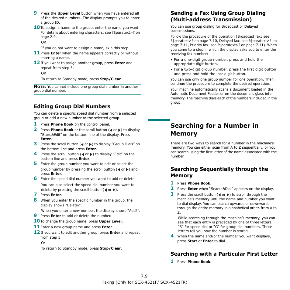 Editing group dial numbers, Searching for a number in memory, Searching sequentially through the memory | Searching with a particular first letter, Sending a fax using group dialing, Multi-address transmission) | Samsung SCX-4521F-XAA User Manual | Page 49 / 125