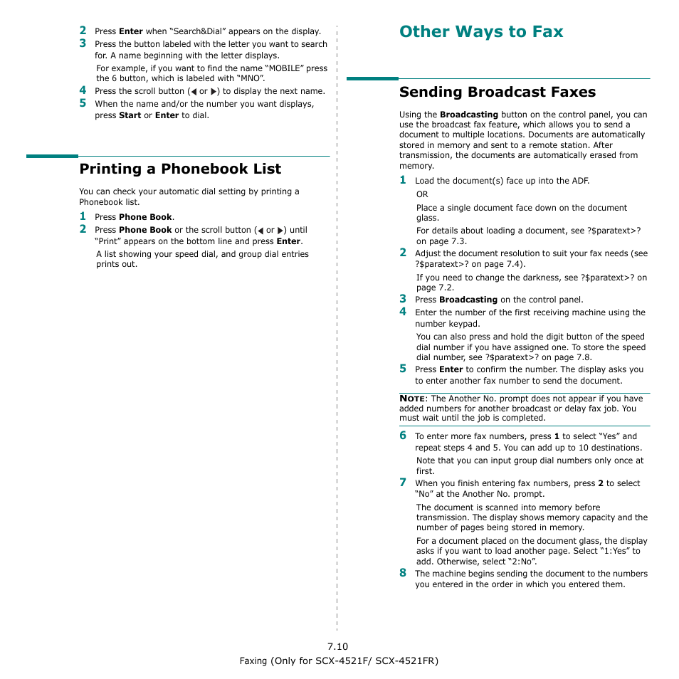 Printing a phonebook list, Sending broadcast faxes, Other ways to fax | Samsung SCX-4521F-XAA User Manual | Page 50 / 125