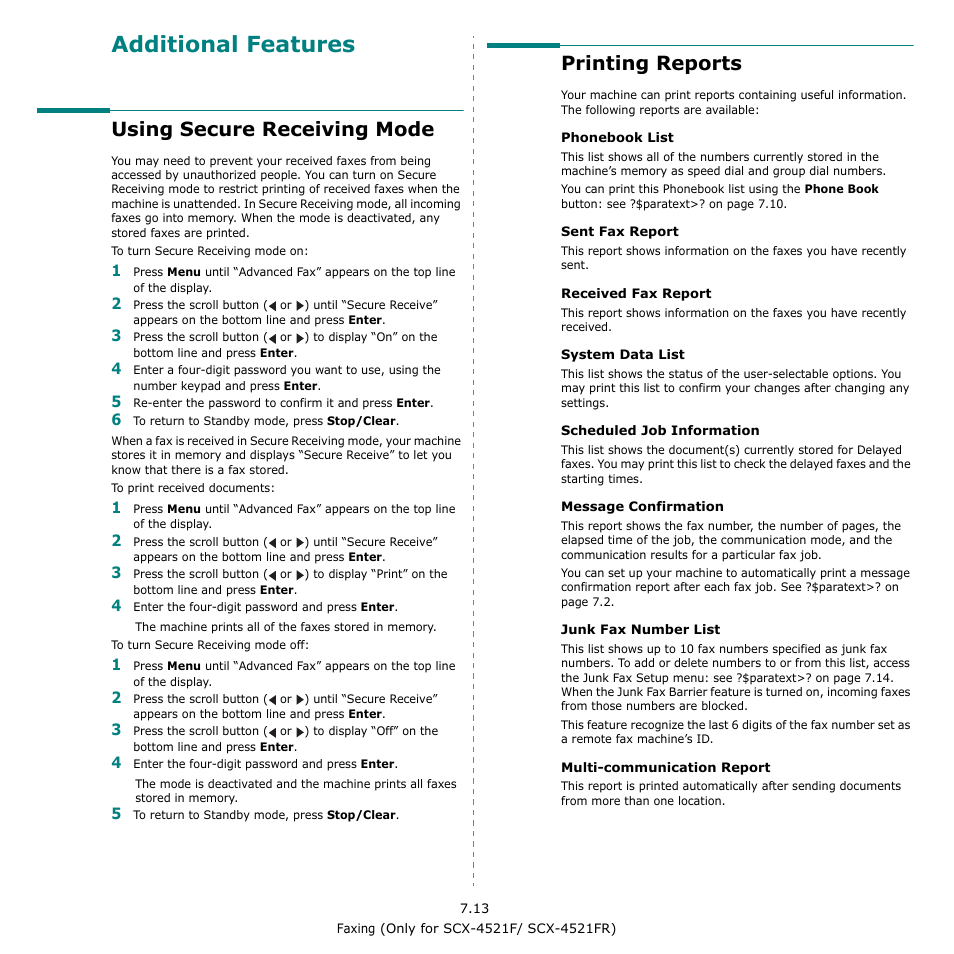 Using secure receiving mode, Printing reports, Additional features | Samsung SCX-4521F-XAA User Manual | Page 53 / 125