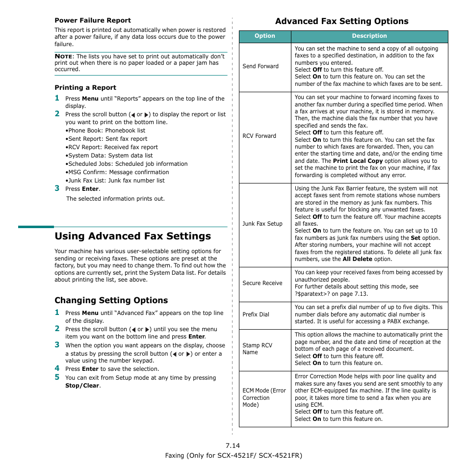 Using advanced fax settings, Changing setting options, Advanced fax setting options | Samsung SCX-4521F-XAA User Manual | Page 54 / 125