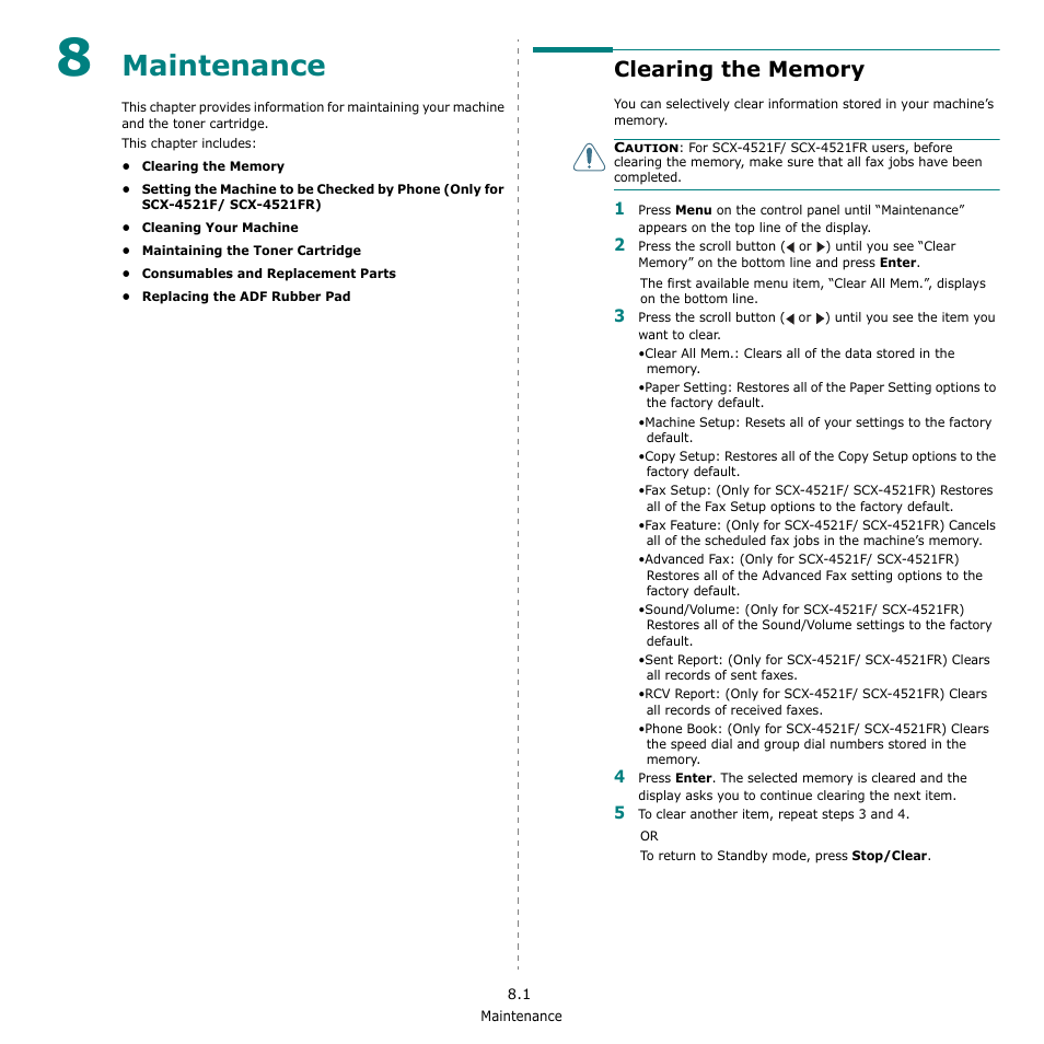Maintenance, Clearing the memory | Samsung SCX-4521F-XAA User Manual | Page 55 / 125