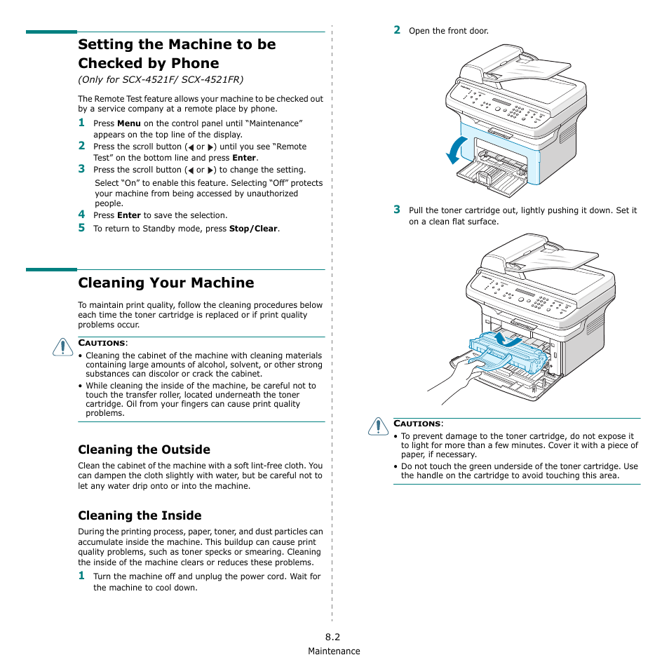 Cleaning your machine, Cleaning the outside, Cleaning the inside | Setting the machine to be checked by phone, Scx-4521f/ scx-4521fr) | Samsung SCX-4521F-XAA User Manual | Page 56 / 125