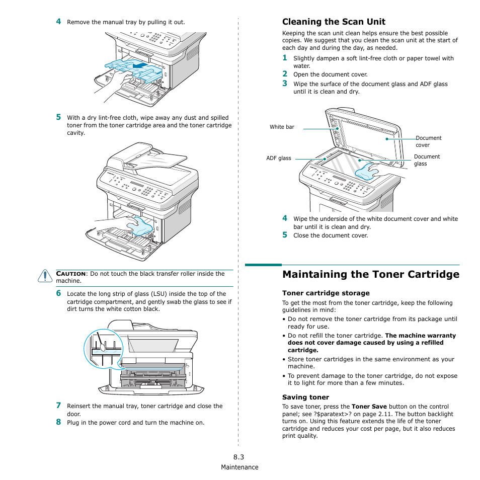 Cleaning the scan unit, Maintaining the toner cartridge | Samsung SCX-4521F-XAA User Manual | Page 57 / 125