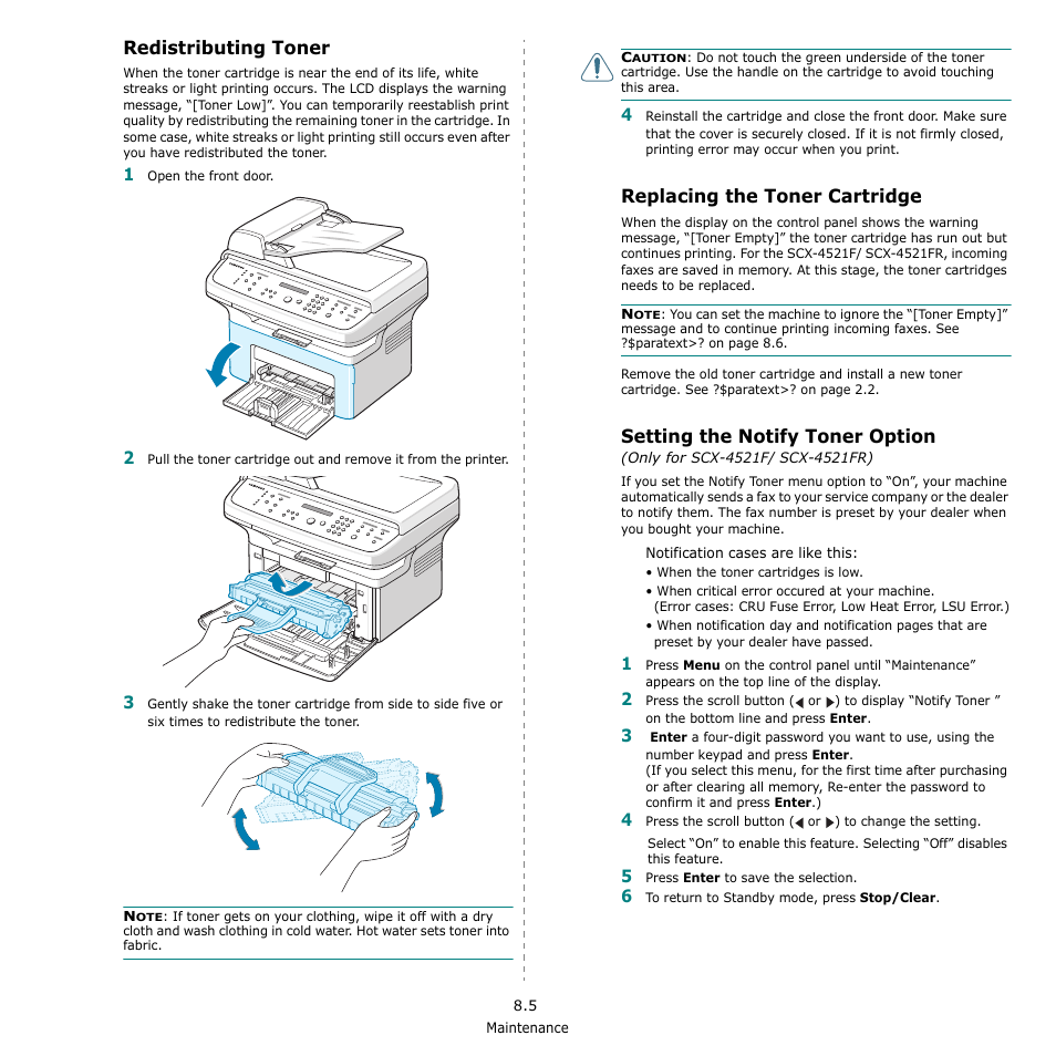 Redistributing toner, Replacing the toner cartridge, Setting the notify toner option | Samsung SCX-4521F-XAA User Manual | Page 59 / 125