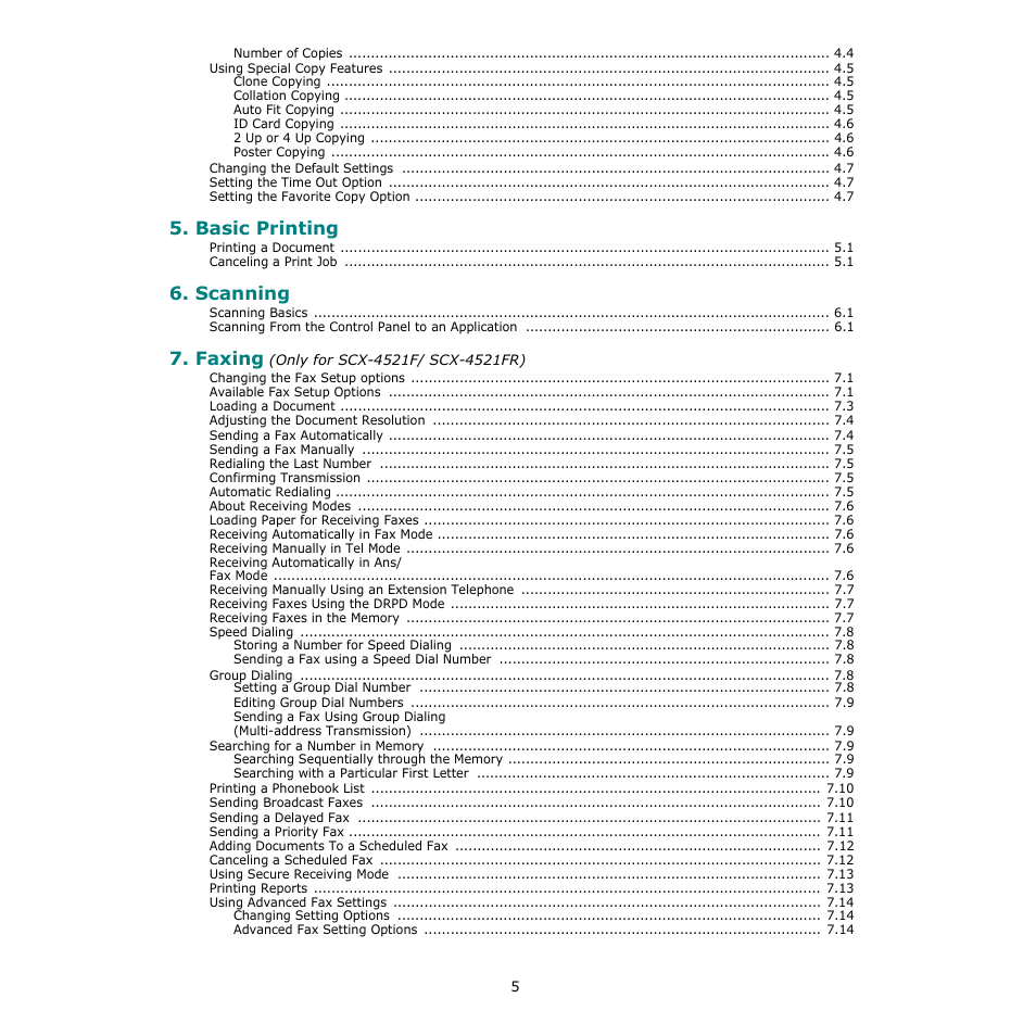 Basic printing, Scanning, Faxing | Samsung SCX-4521F-XAA User Manual | Page 6 / 125