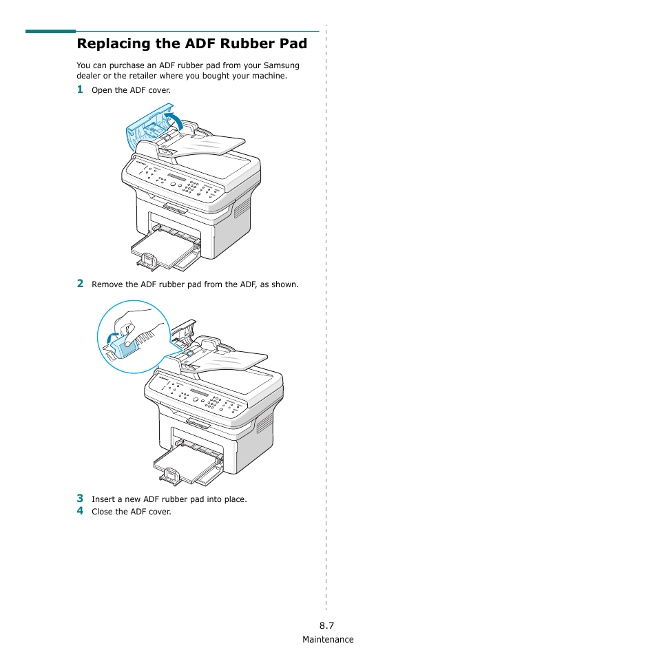 Replacing the adf rubber pad | Samsung SCX-4521F-XAA User Manual | Page 61 / 125