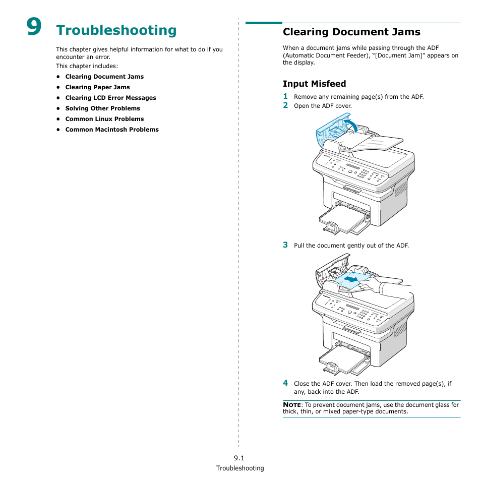 Troubleshooting, Clearing document jams, Input misfeed | Samsung SCX-4521F-XAA User Manual | Page 62 / 125