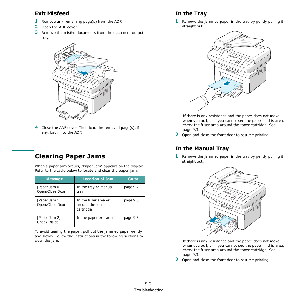 Exit misfeed, Clearing paper jams, In the tray | In the manual tray | Samsung SCX-4521F-XAA User Manual | Page 63 / 125