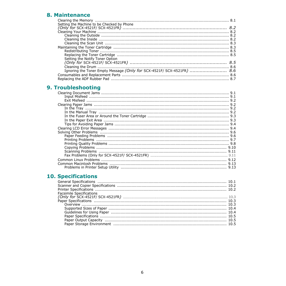 Maintenance, Troubleshooting, Specifications | Samsung SCX-4521F-XAA User Manual | Page 7 / 125