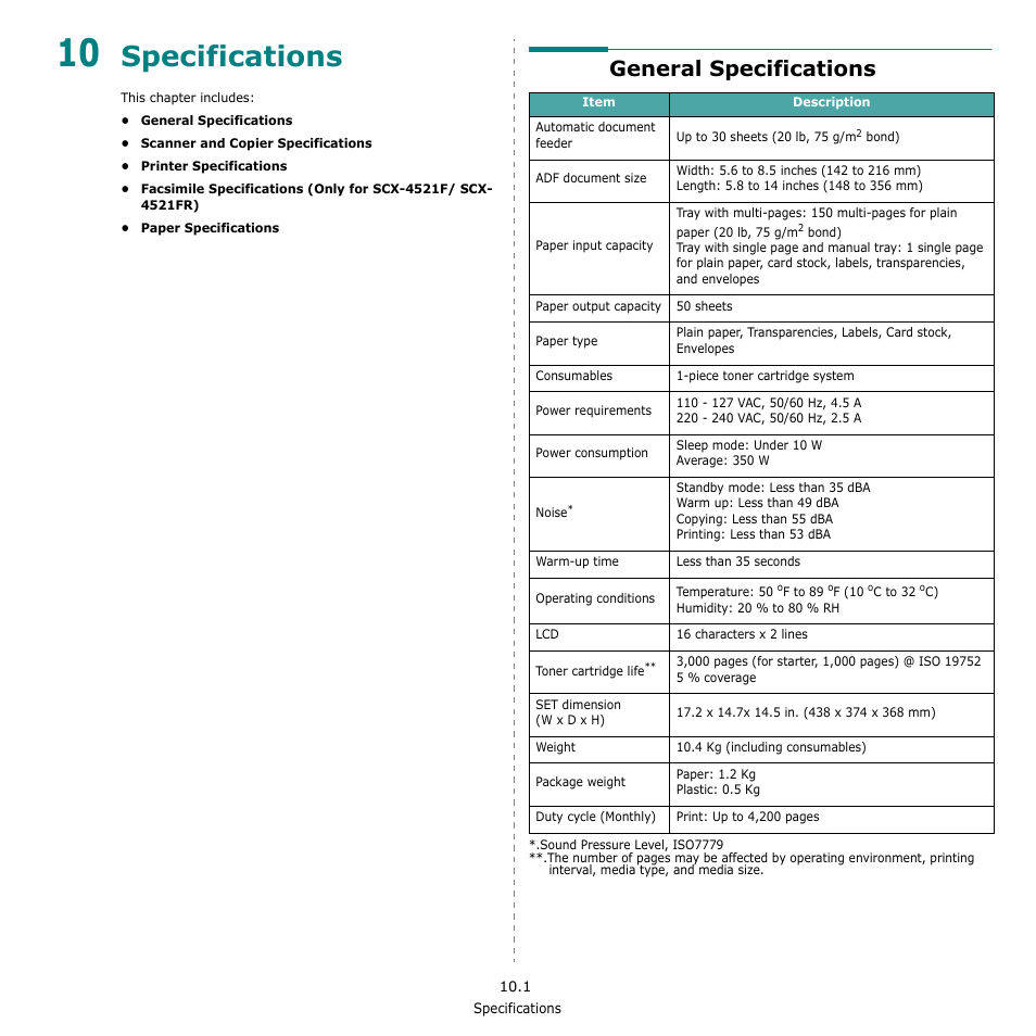 Specifications, General specifications | Samsung SCX-4521F-XAA User Manual | Page 75 / 125