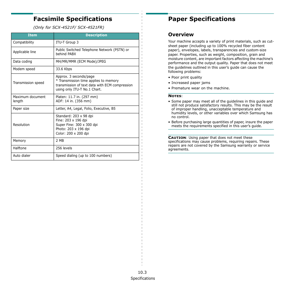 Paper specifications, Overview, Facsimile specifications | Facsimile specifications (only for scx-4521f/ scx, 4521fr) | Samsung SCX-4521F-XAA User Manual | Page 77 / 125