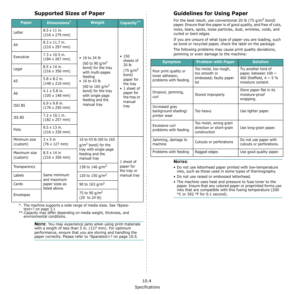 Supported sizes of paper, Guidelines for using paper | Samsung SCX-4521F-XAA User Manual | Page 78 / 125