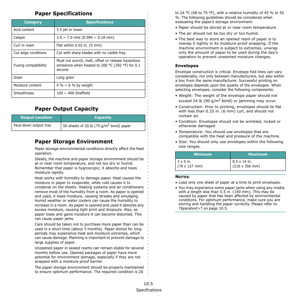 Paper specifications, Paper output capacity, Paper storage environment | Samsung SCX-4521F-XAA User Manual | Page 79 / 125
