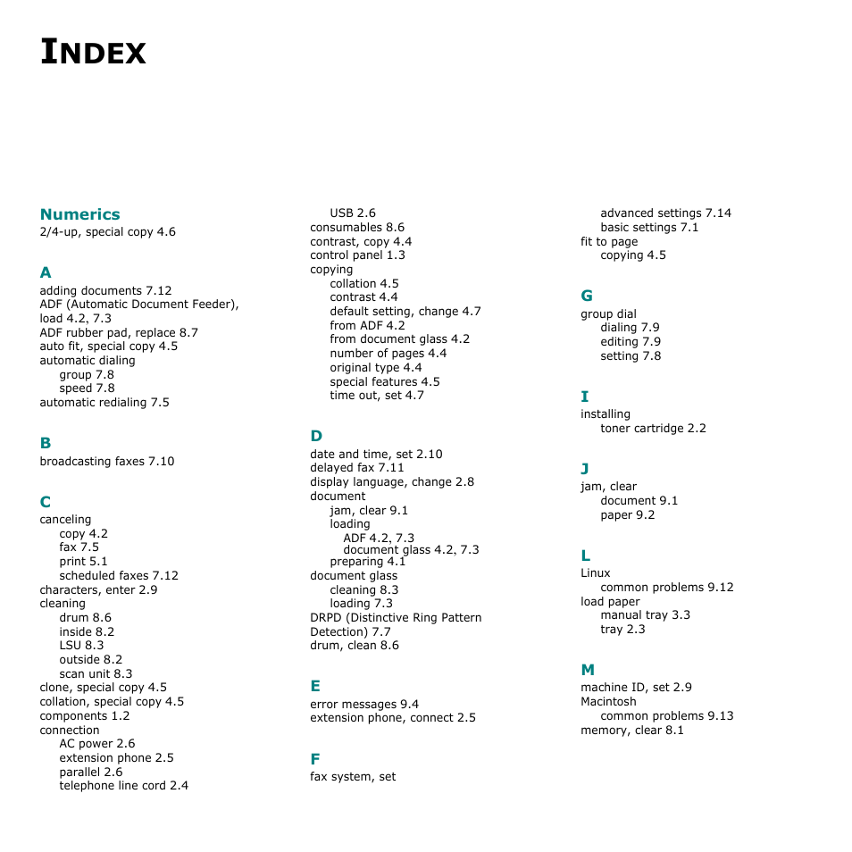 Index, Ndex | Samsung SCX-4521F-XAA User Manual | Page 81 / 125