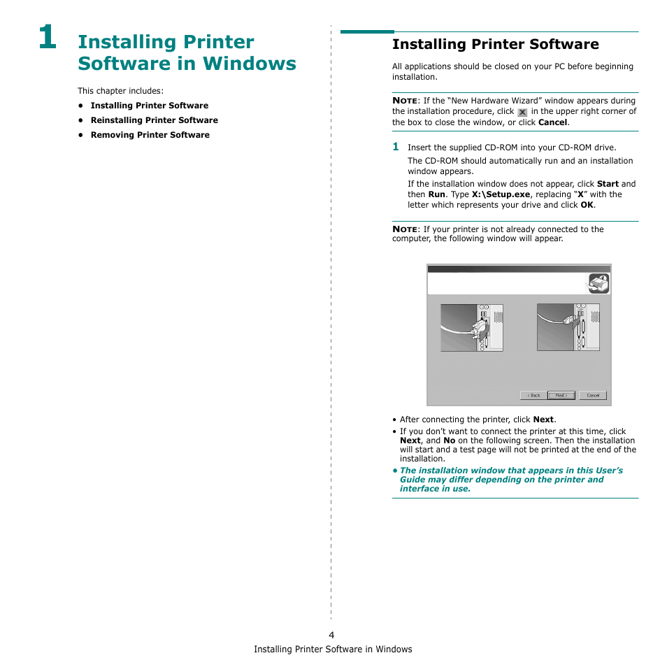 Installing printer software in windows, Installing printer software, Chapter 1 | Samsung SCX-4521F-XAA User Manual | Page 87 / 125