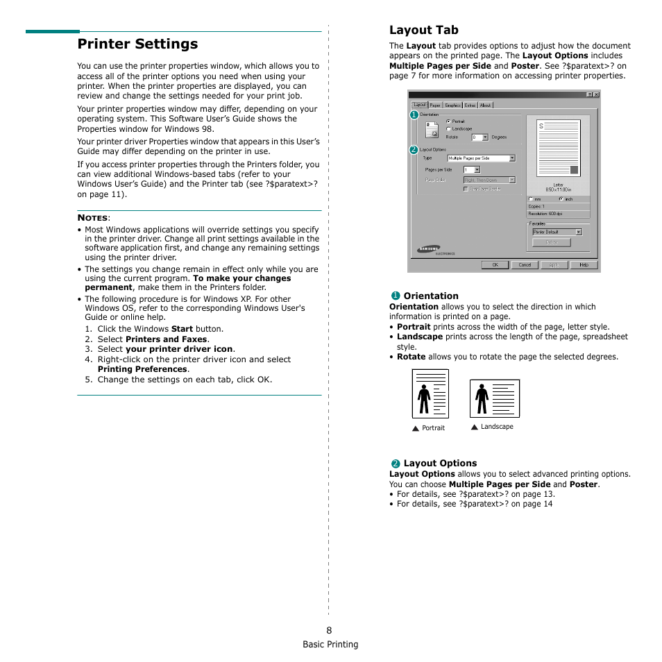Printer settings, Layout tab | Samsung SCX-4521F-XAA User Manual | Page 91 / 125