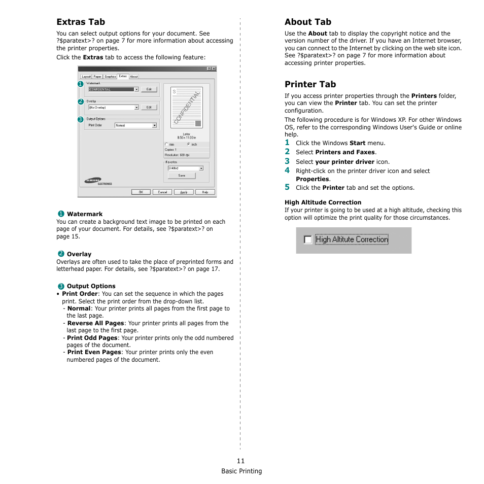 Extras tab, About tab, Printer tab | Extras tab about tab printer tab, Extras tab - about tab - printer tab | Samsung SCX-4521F-XAA User Manual | Page 94 / 125