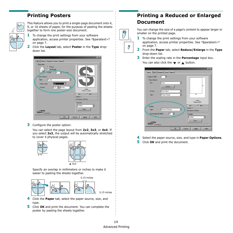 Printing posters, Printing a reduced or enlarged document | Samsung SCX-4521F-XAA User Manual | Page 97 / 125