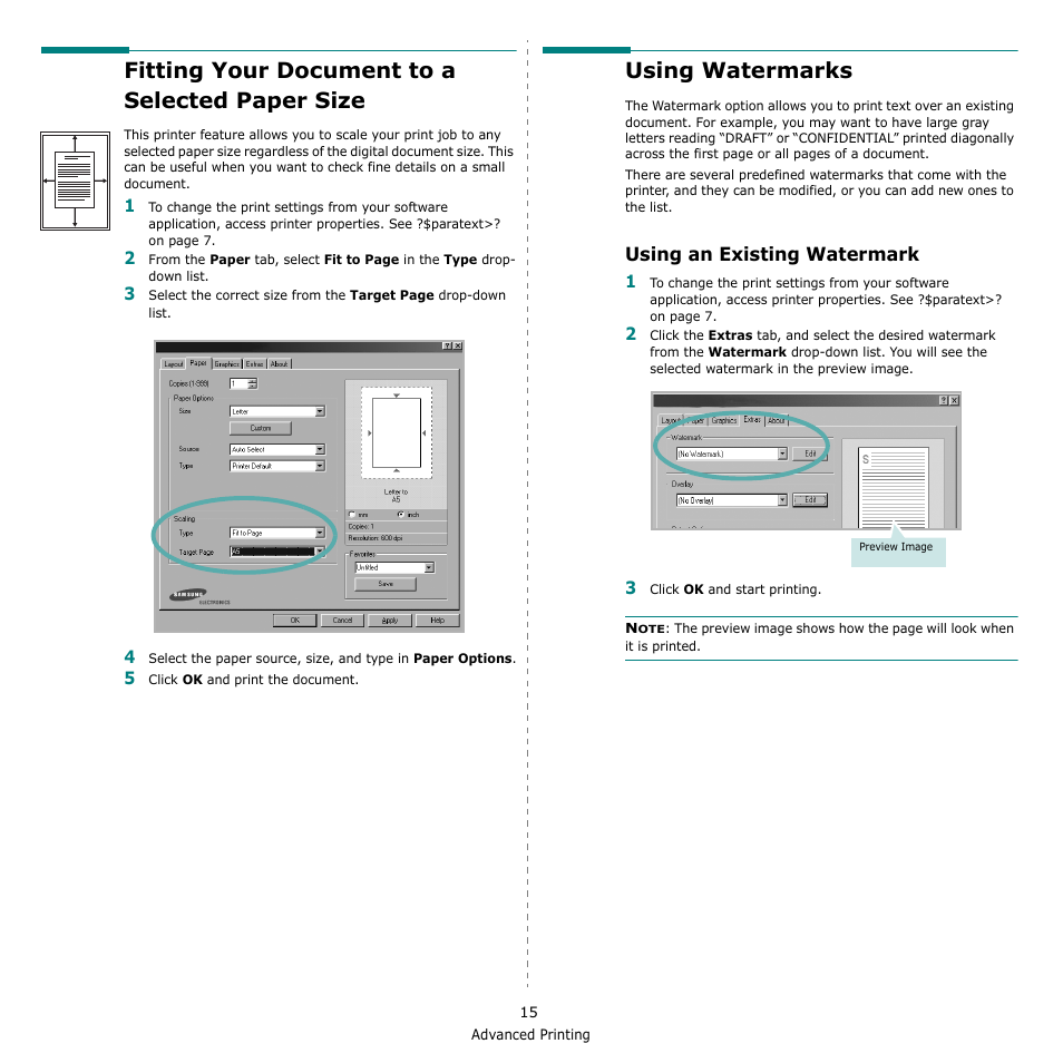 Fitting your document to a selected paper size, Using watermarks, Using an existing watermark | Samsung SCX-4521F-XAA User Manual | Page 98 / 125
