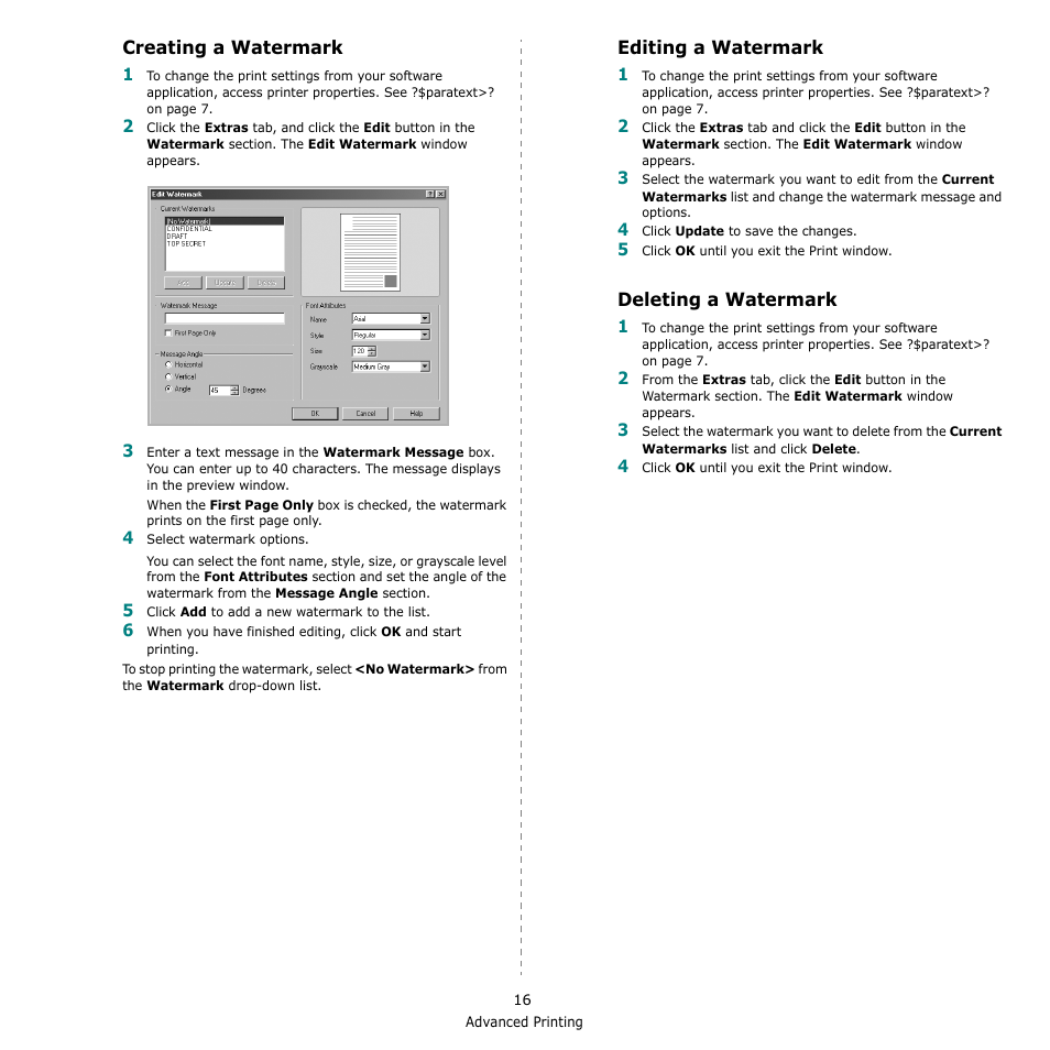 Creating a watermark, Editing a watermark, Deleting a watermark | Samsung SCX-4521F-XAA User Manual | Page 99 / 125