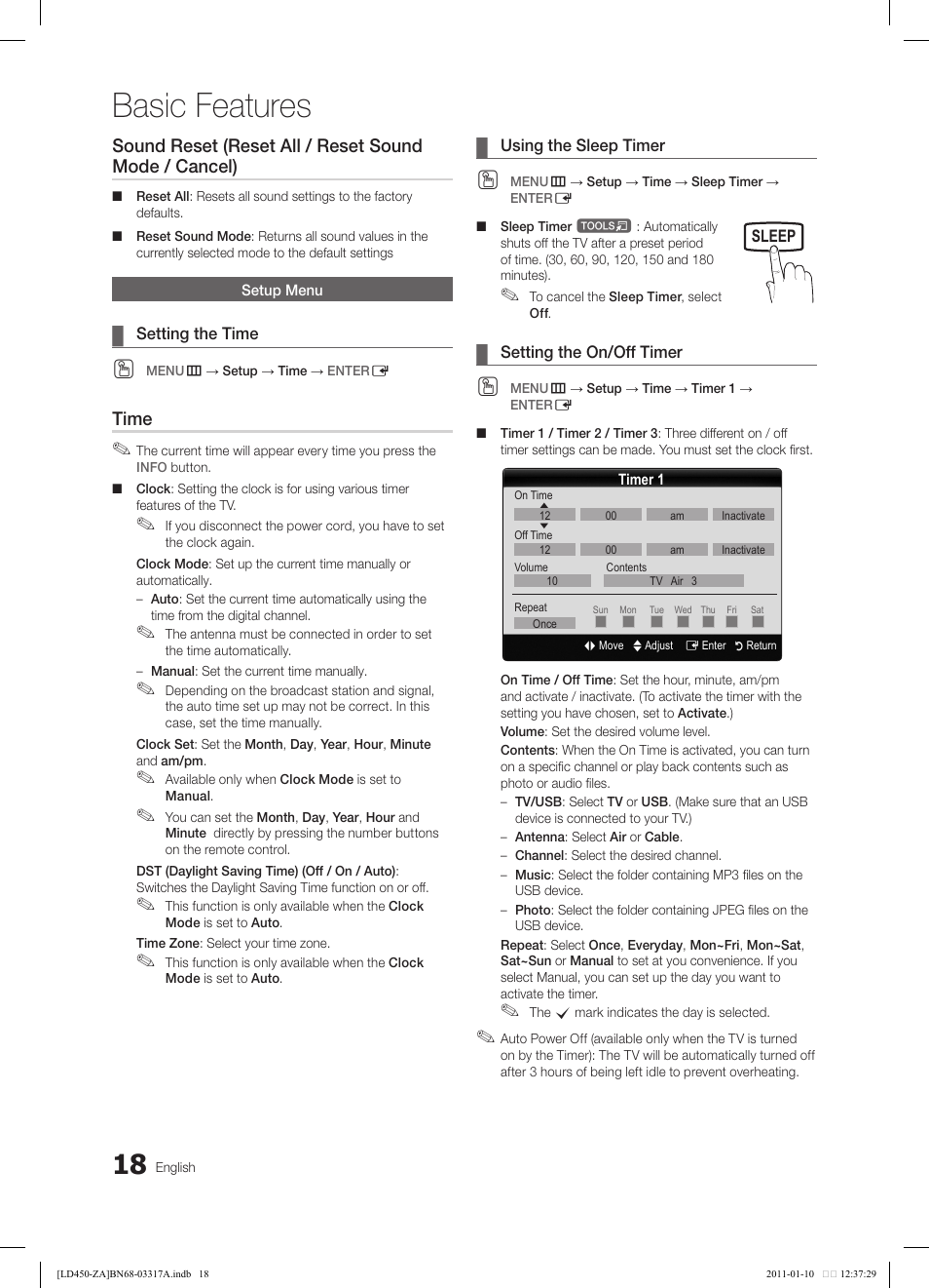 Basic features, Time | Samsung LN19D450G1DXZC User Manual | Page 18 / 36