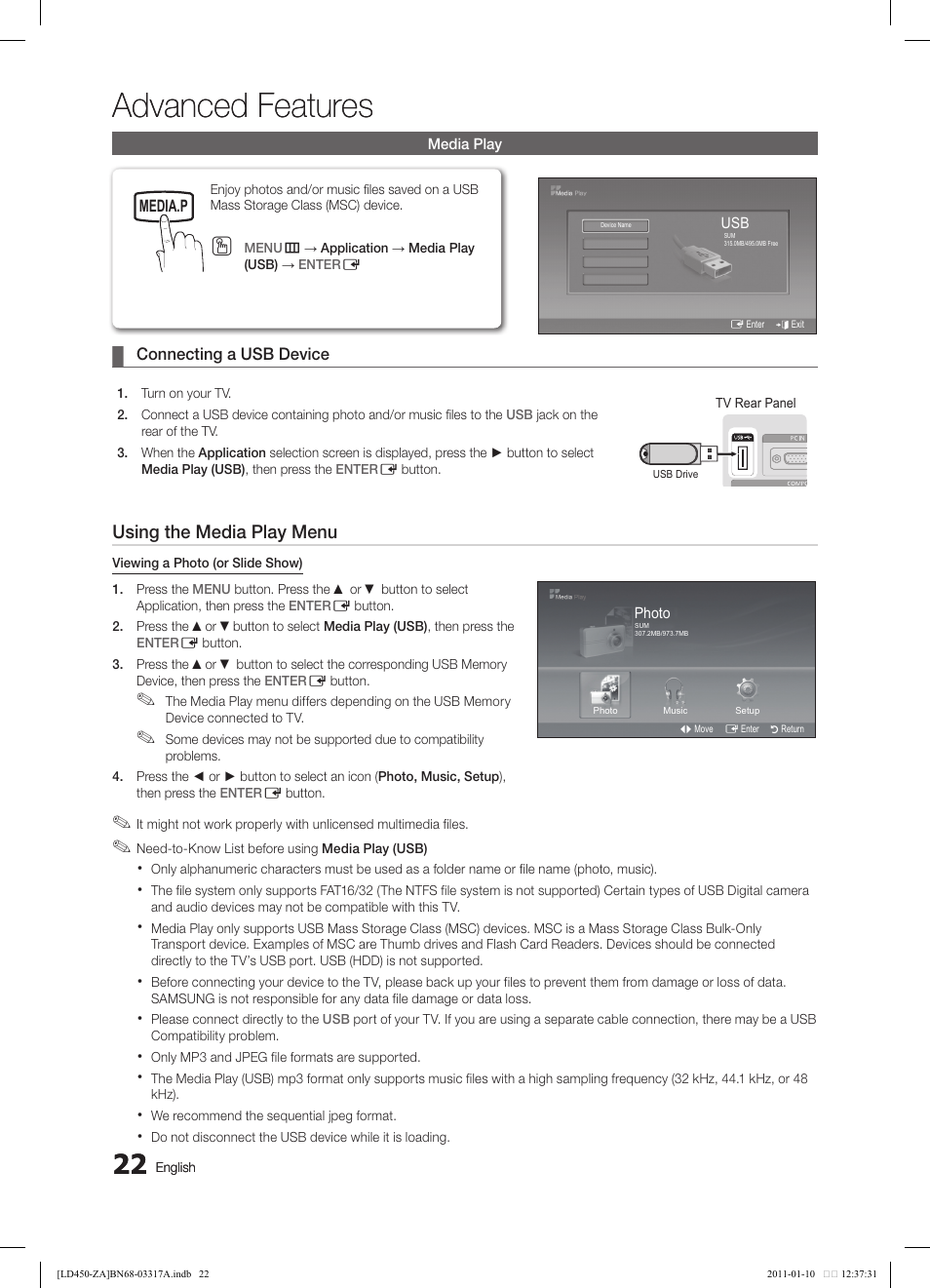 Advanced features, Using the media play menu, Connecting a usb device | Media.p, Media play, Photo, Music, Power | Samsung LN19D450G1DXZC User Manual | Page 22 / 36