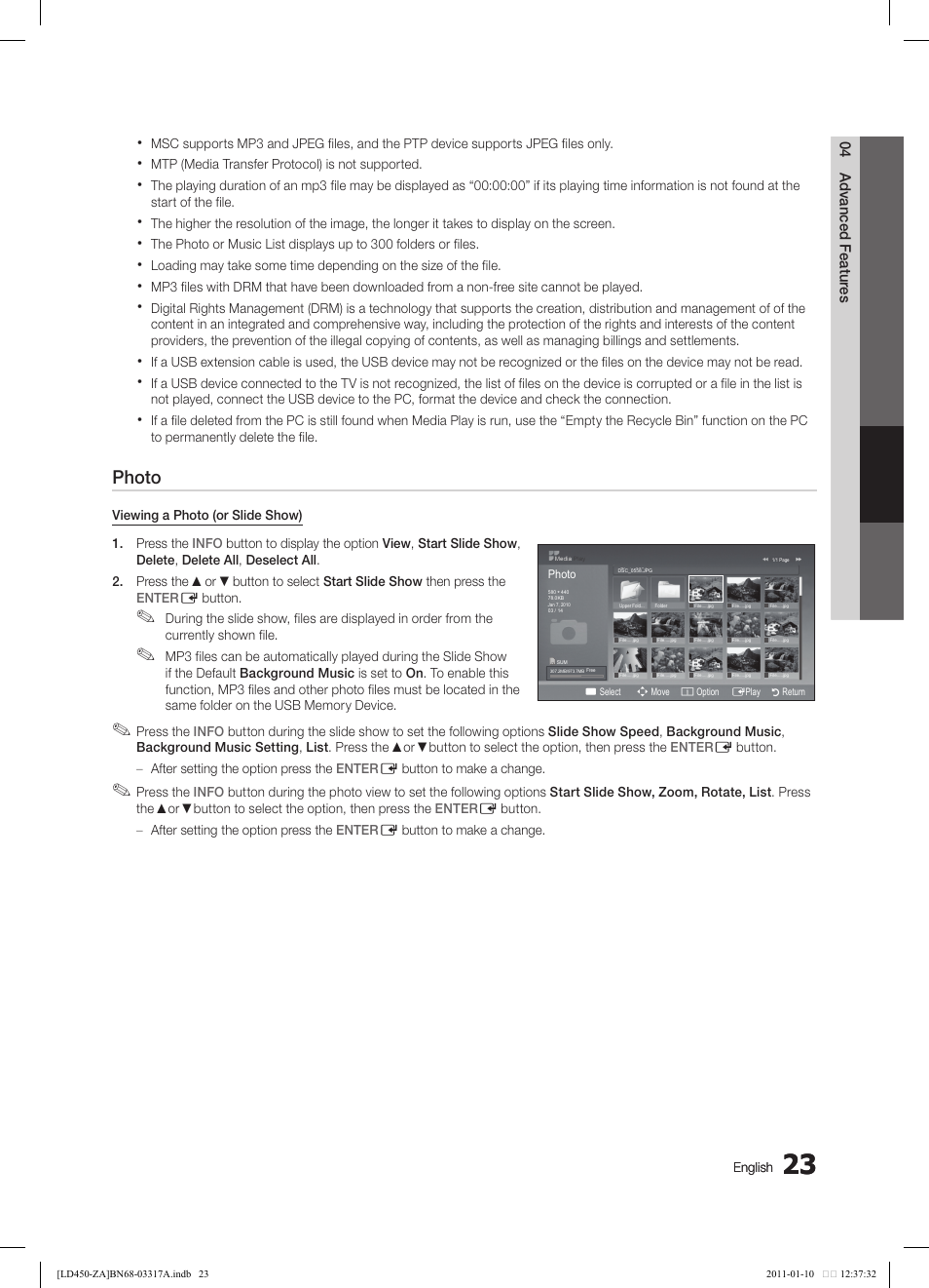 Photo, 03 basic featur es, 04 advanced featur es | Music | Samsung LN19D450G1DXZC User Manual | Page 23 / 36