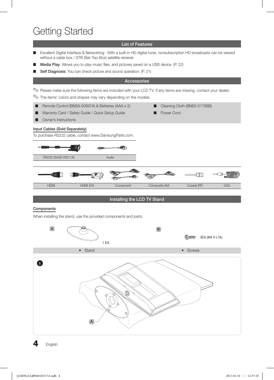 Getting started | Samsung LN19D450G1DXZC User Manual | Page 4 / 36