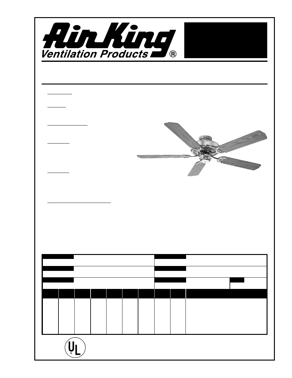 Air King 9800 User Manual | 1 page