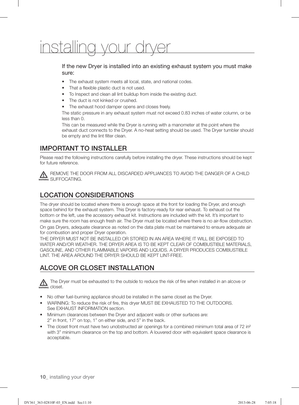 Installing your dryer, Important to installer, Location considerations | Alcove or closet installation | Samsung DV361GWBEWR-A3 User Manual | Page 10 / 112