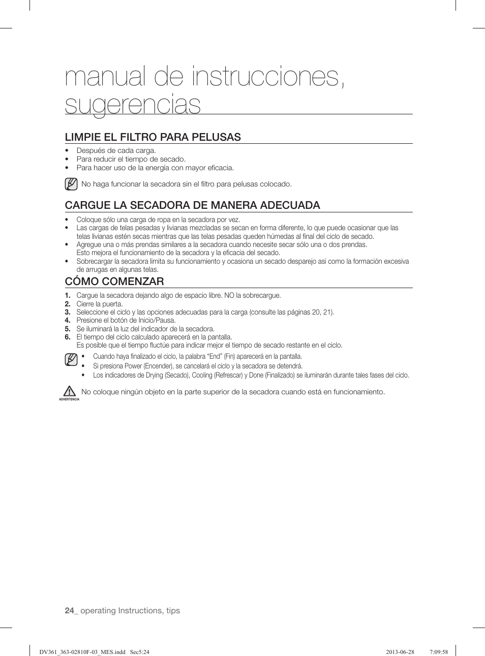 Manual de instrucciones, sugerencias, Limpie el filtro para pelusas, Cargue la secadora de manera adecuada | Cómo comenzar | Samsung DV361GWBEWR-A3 User Manual | Page 100 / 112