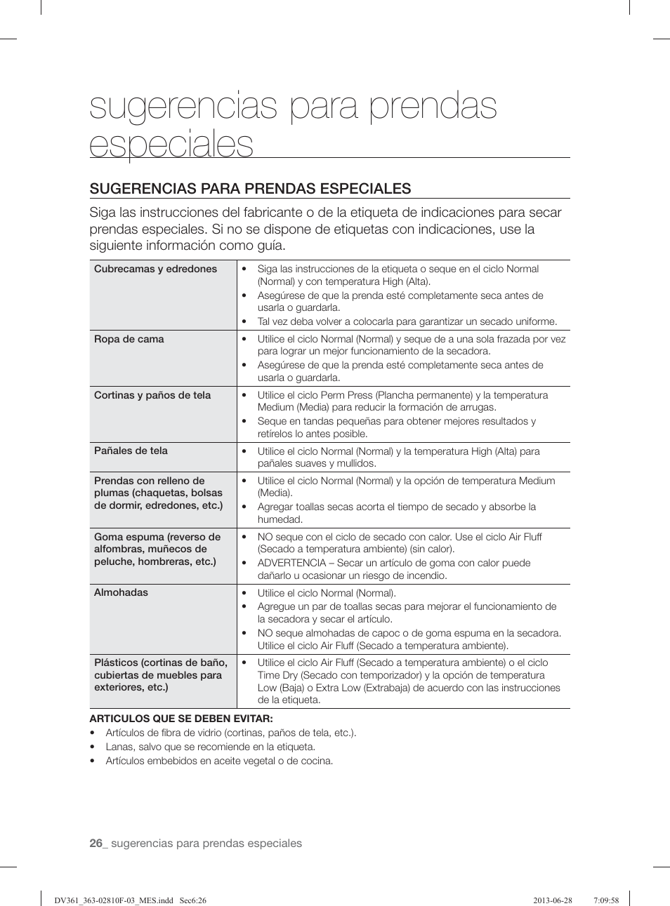 Sugerencias para prendas especiales | Samsung DV361GWBEWR-A3 User Manual | Page 102 / 112