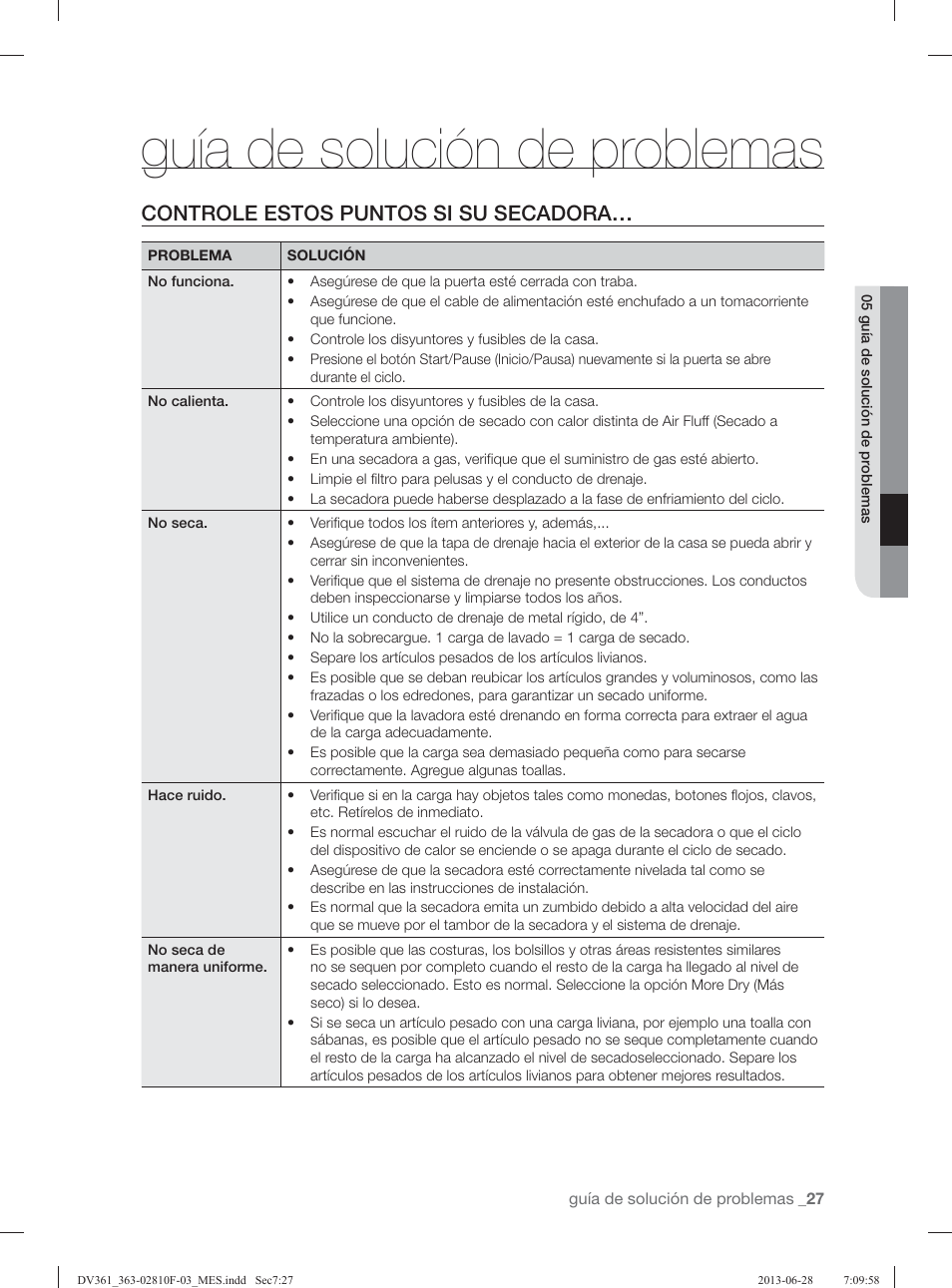 Guía de solución de problemas, Controle estos puntos si su secadora | Samsung DV361GWBEWR-A3 User Manual | Page 103 / 112