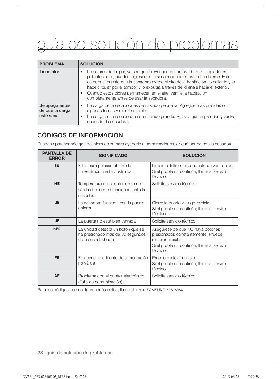 Guía de solución de problemas, Códigos de información | Samsung DV361GWBEWR-A3 User Manual | Page 104 / 112