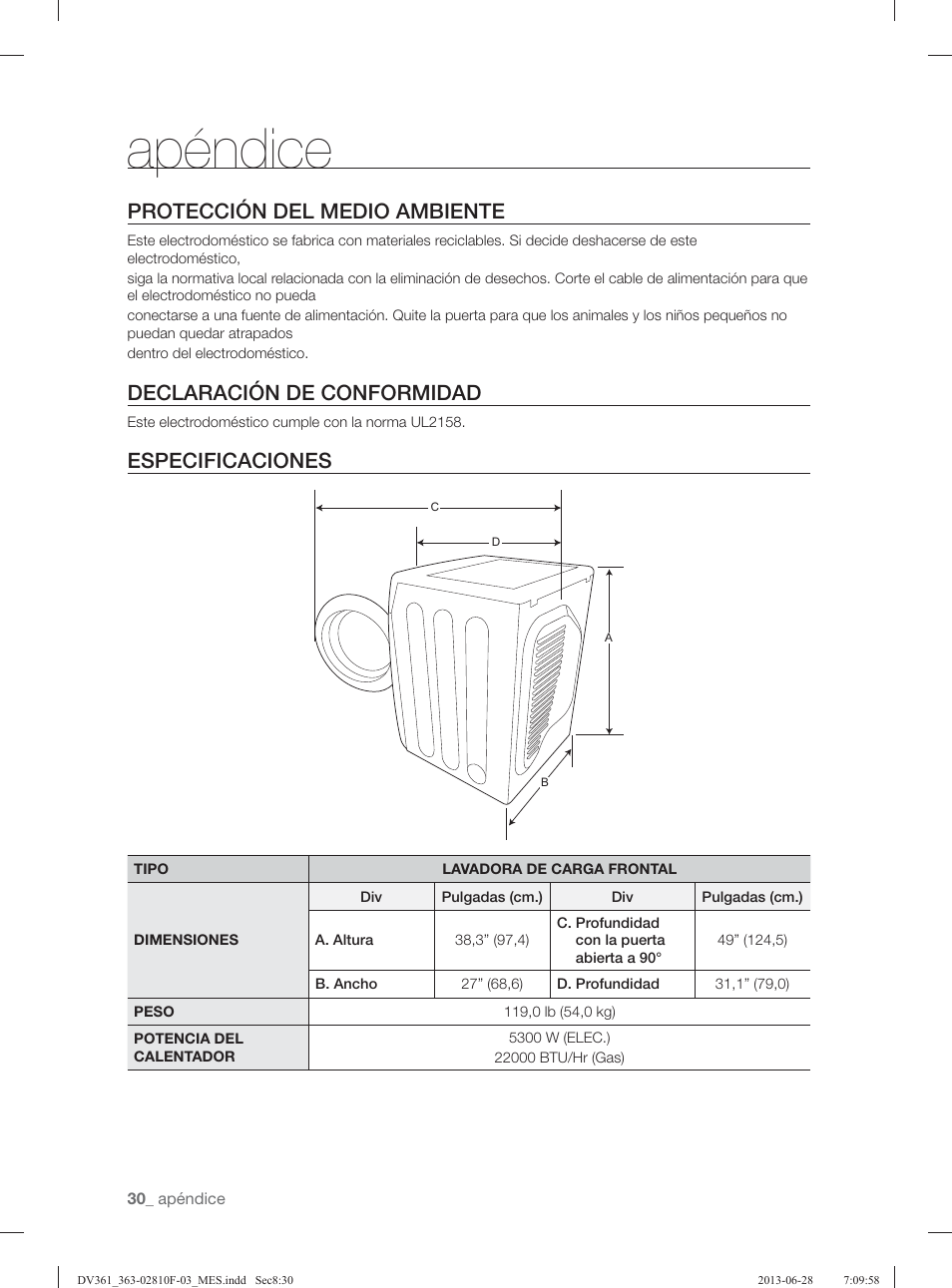 Apéndice, Protección del medio ambiente, Declaración de conformidad | Especificaciones | Samsung DV361GWBEWR-A3 User Manual | Page 106 / 112