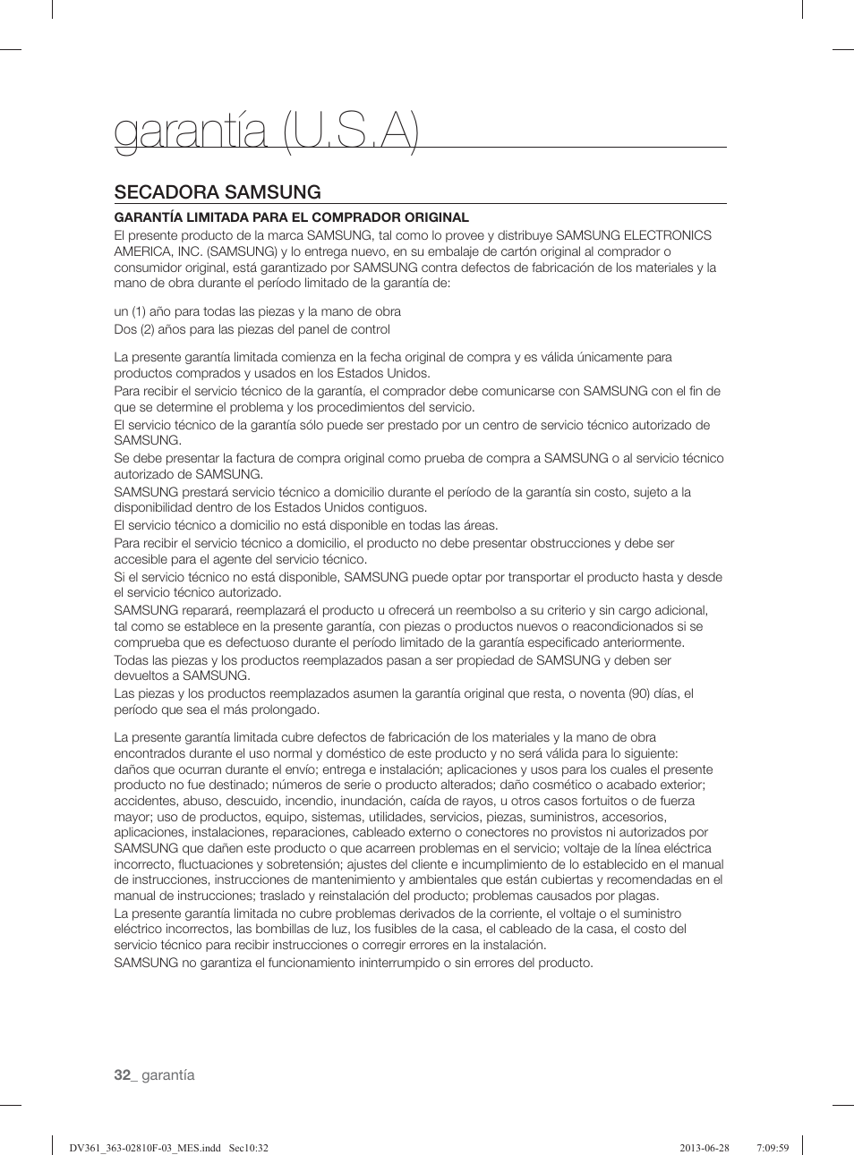 Garantía (u.s.a), Secadora samsung | Samsung DV361GWBEWR-A3 User Manual | Page 108 / 112