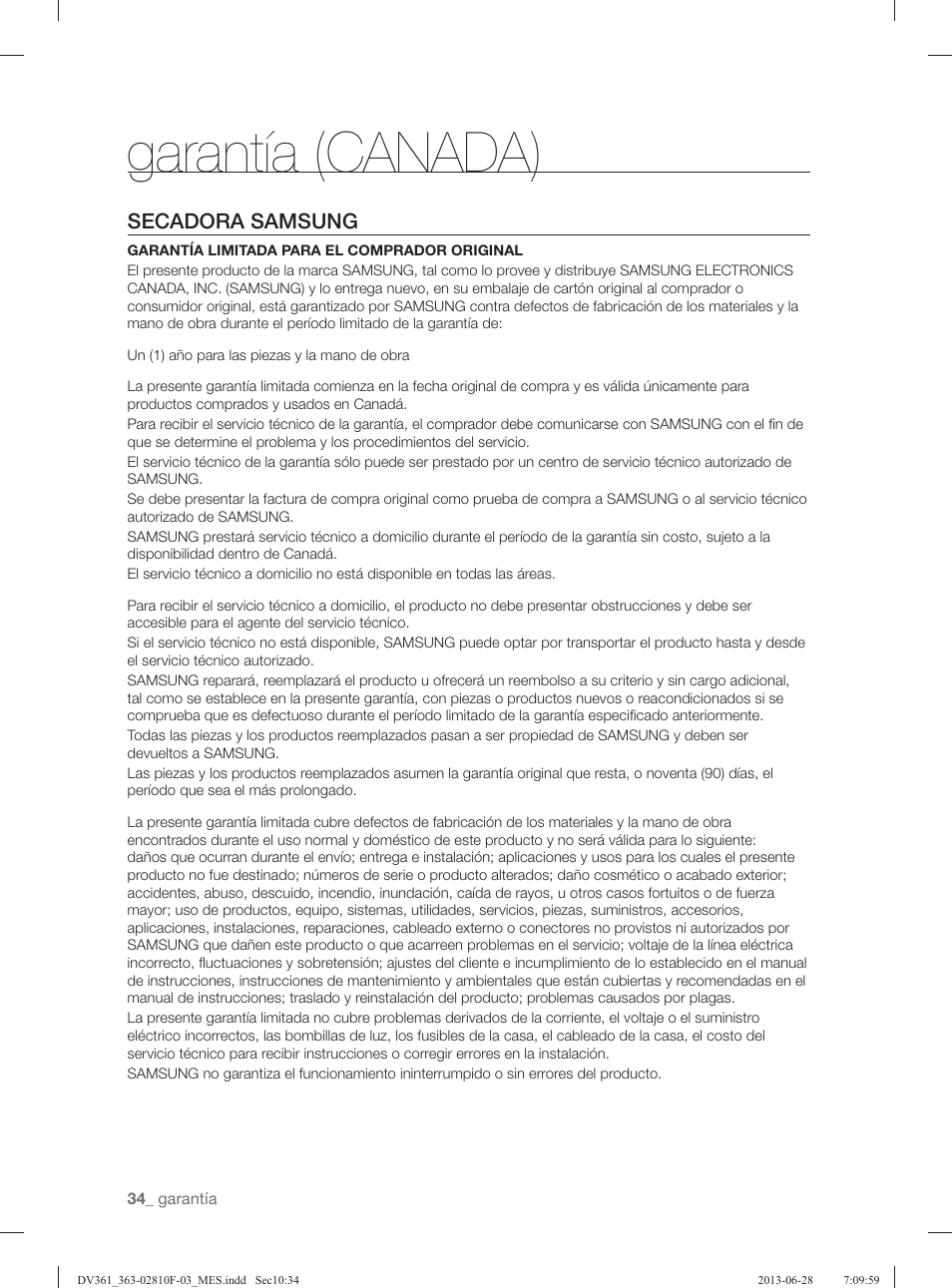 Garantía (canada), Secadora samsung | Samsung DV361GWBEWR-A3 User Manual | Page 110 / 112