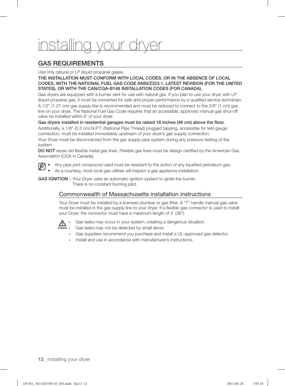 Installing your dryer, Gas requirements | Samsung DV361GWBEWR-A3 User Manual | Page 12 / 112