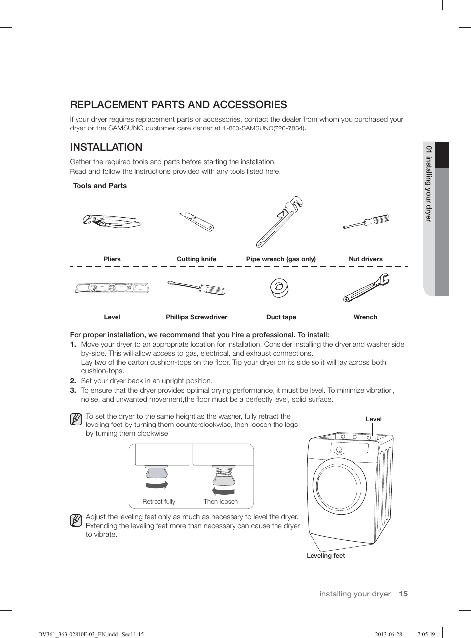 Replacement parts and accessories, Installation | Samsung DV361GWBEWR-A3 User Manual | Page 15 / 112