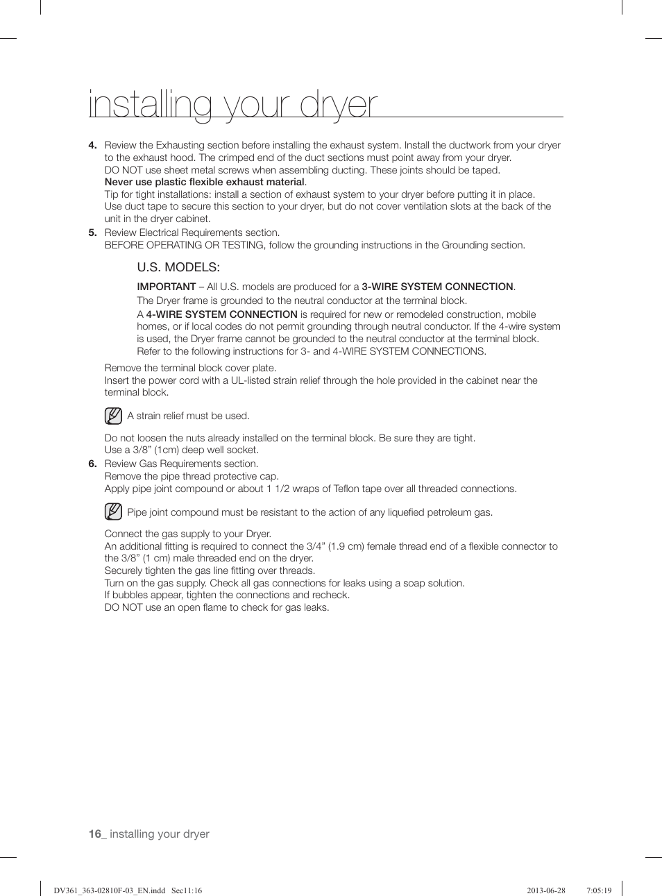 Installing your dryer | Samsung DV361GWBEWR-A3 User Manual | Page 16 / 112