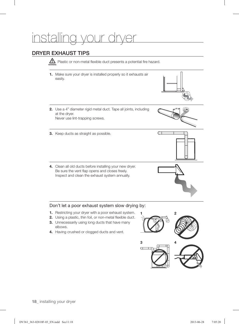 Installing your dryer, Dryer exhaust tips | Samsung DV361GWBEWR-A3 User Manual | Page 18 / 112