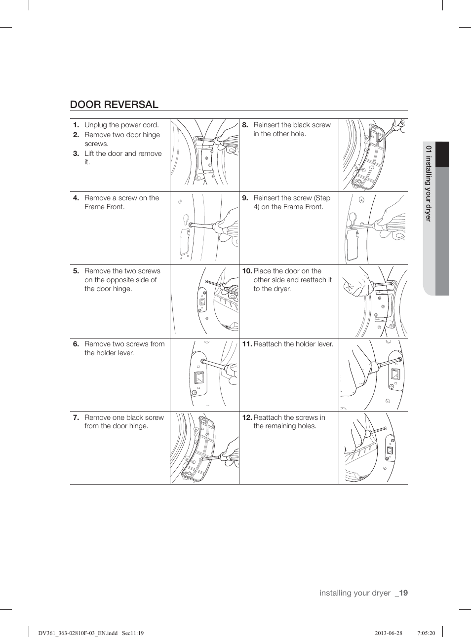 Door reversal | Samsung DV361GWBEWR-A3 User Manual | Page 19 / 112