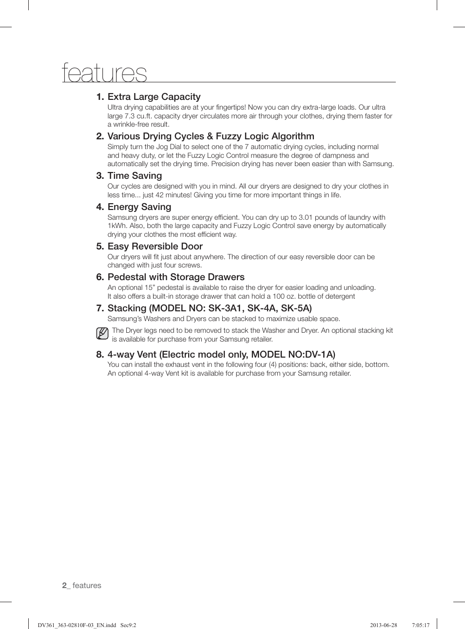 Features | Samsung DV361GWBEWR-A3 User Manual | Page 2 / 112