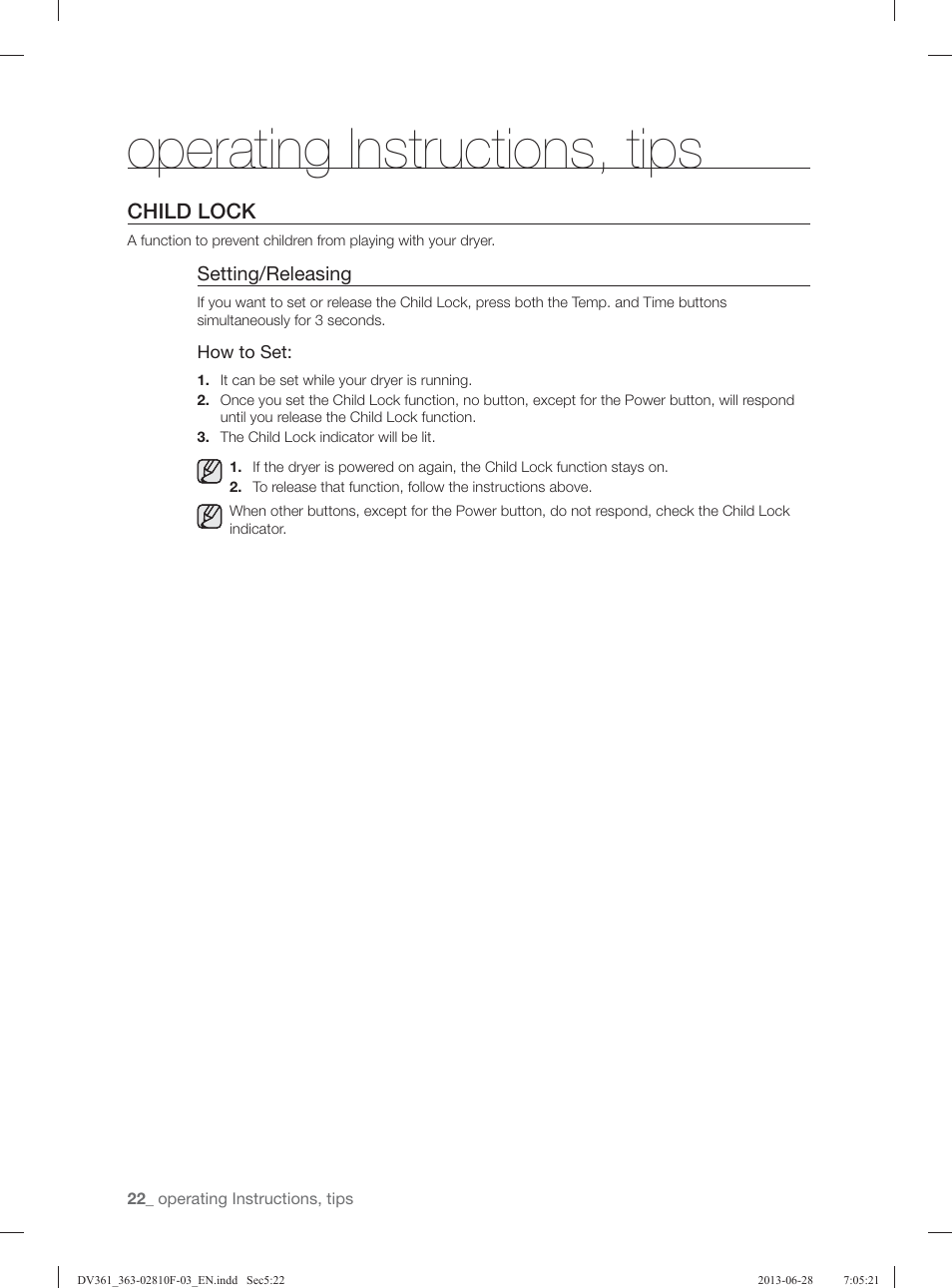 Operating instructions, tips, Child lock | Samsung DV361GWBEWR-A3 User Manual | Page 22 / 112