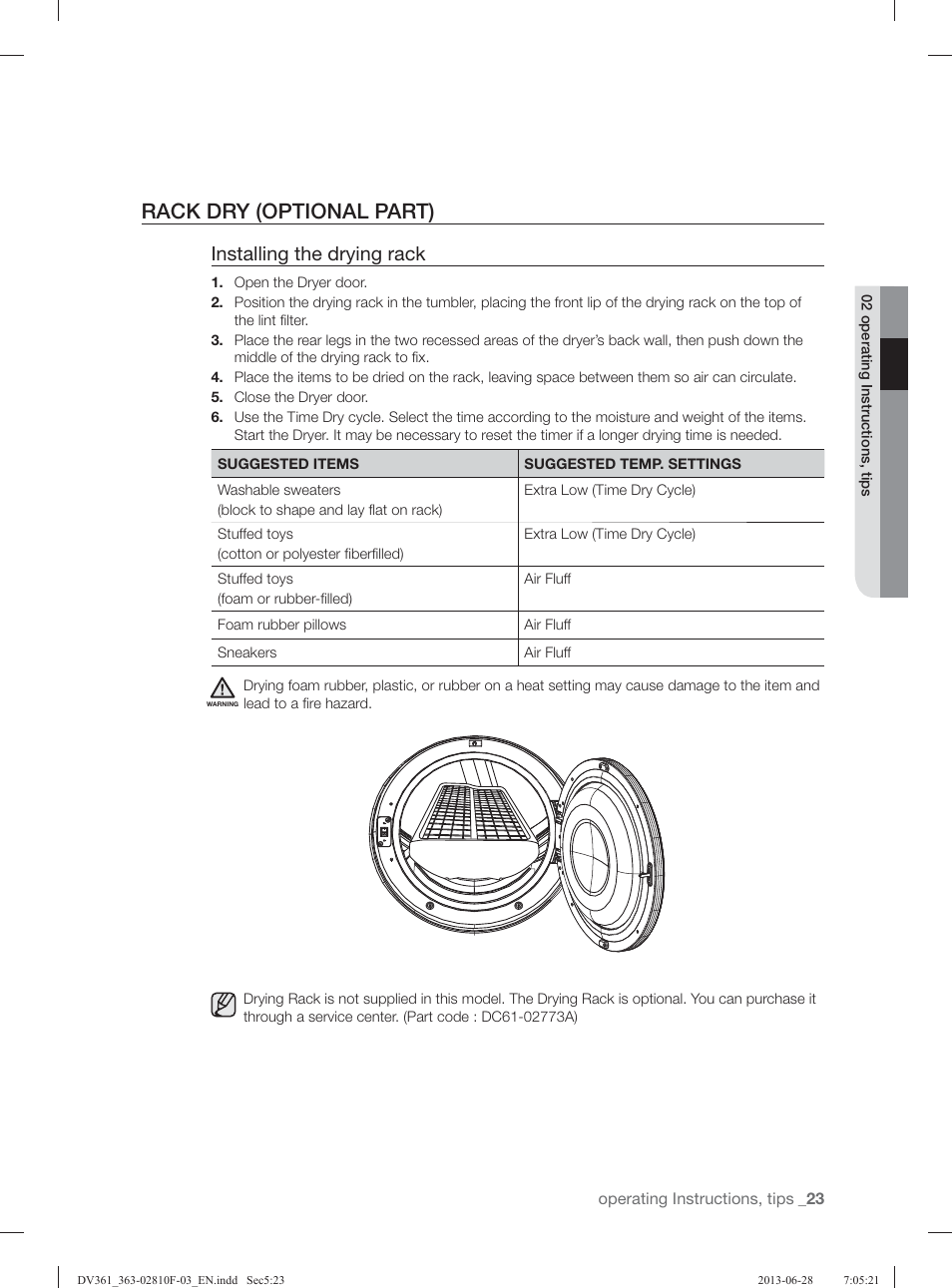 Rack dry (optional part), Installing the drying rack | Samsung DV361GWBEWR-A3 User Manual | Page 23 / 112