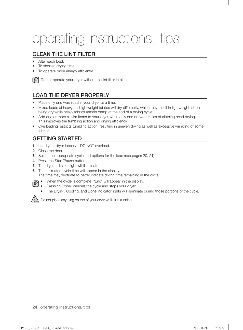 Operating instructions, tips, Clean the lint filter, Load the dryer properly | Getting started | Samsung DV361GWBEWR-A3 User Manual | Page 24 / 112